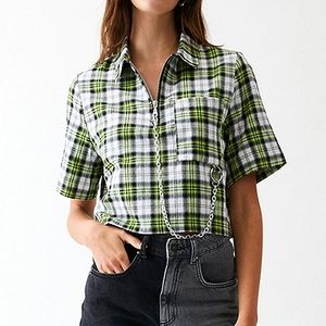 The Ragged Priest Plaid Collared Cropped Short Sleeve Top